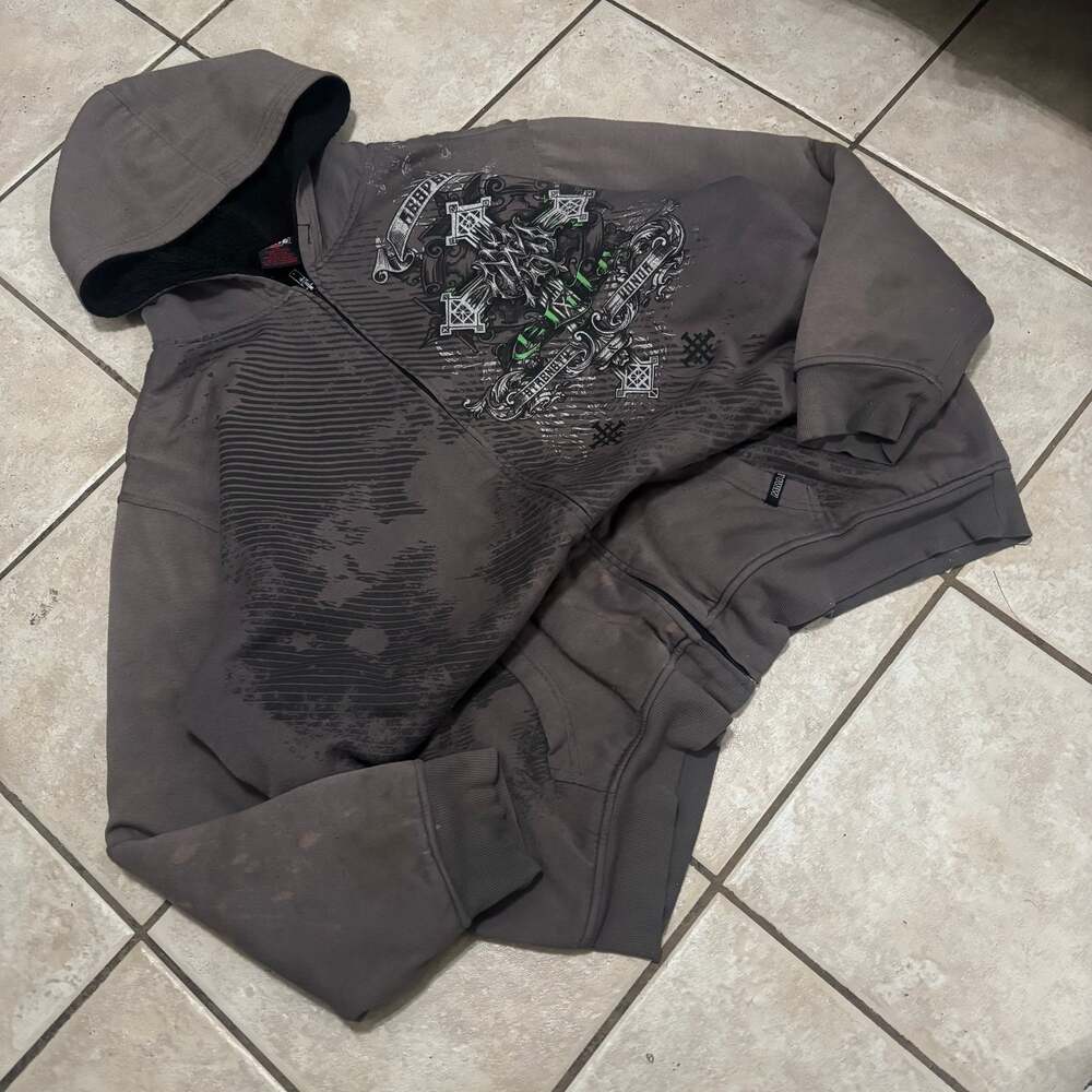 Vintage Y2K RARE MMA Elite Sherpa Lined Zip Up Hoodie Cross Gray Medium - Read